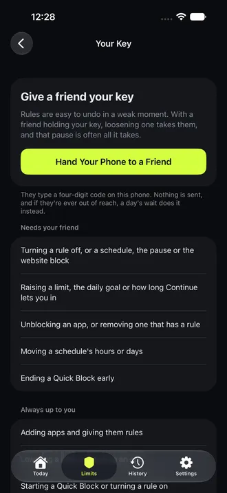 Friend’s Key setup explaining which rule changes need a friend and which remain available.