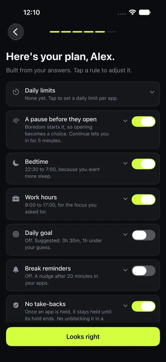 Mirror’s onboarding plan with pause, bedtime, work hours and daily goal controls. Alex is a sample name.