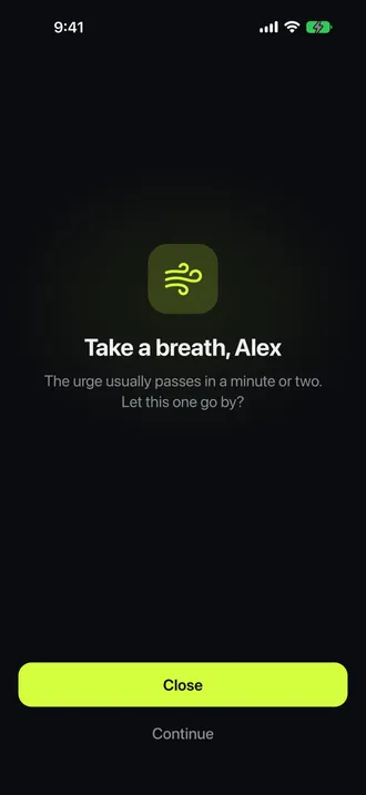 Illustration of Mirror’s pause screen, with Close as the main action and Continue beneath it. Alex is a sample name.