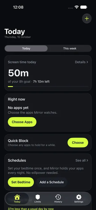 Mirror Today showing sample screen time, a daily goal, Quick Block and schedules.